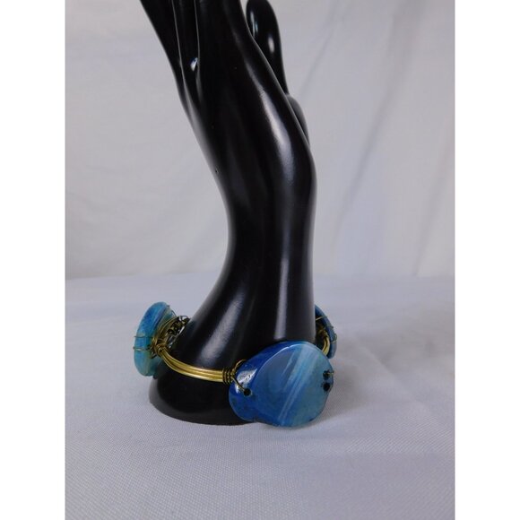 Handmade Bangle Bracelet Wire Wrapped Gold Tone Boho Statement Agate Jewelry - Picture 4 of 7